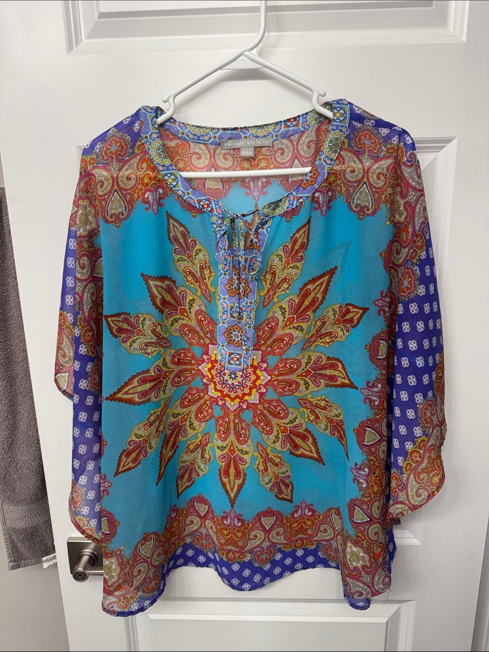 Valerie Stevens Turquoise Paisley Medallion Sheer Blouse with Purple Accents